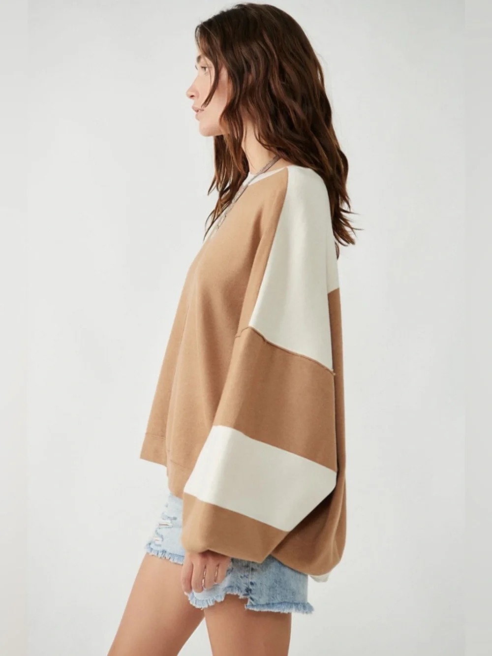 Free People Oversized Uptown Colorblock‎ Pullover Brown and White